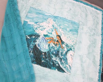 Surfer Girl Rip Curl Ocean Wave Luxe Minky Baby Quilt Girls Throw Teen Lap Blanket~ Seafoam Teal Green~ 36" x 35"