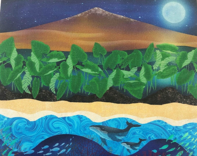 Hawaiian VOLCANO Mauna Kea Fabric Panel Big Island Hawaii~ Volcano Fabric Quilt Square Panel~ Taro Plants, Lava Rock, Whales Fabric