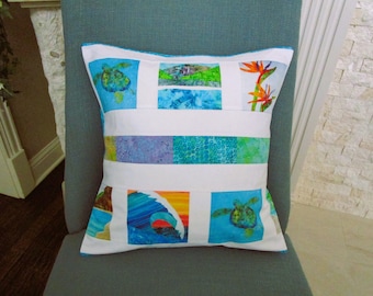 Modern Tropical Beach Quilted Pillow Cover Coastal Sea Life Humpback Whale Ocean Wave Turtle Bird of Paradise Flowers ~ Fits 18" Insert