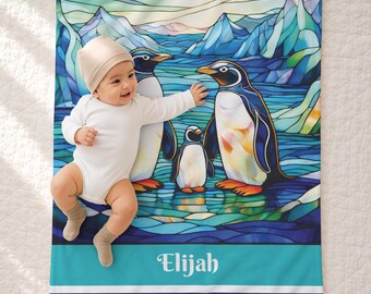Kids Personalized Penguin Family Plush Velveteen Blanket Boys Girls Baby Shower Birthday Christmas Gift Stained Glass Watercolor Artwork