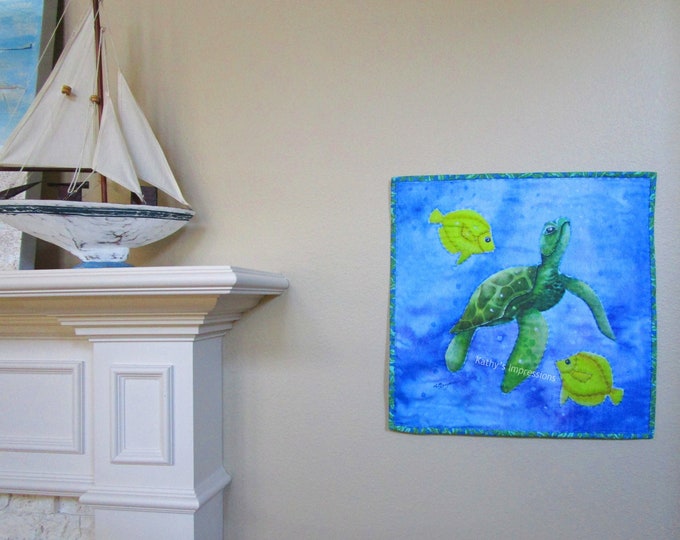 SEA TURTLE Fabric Art Quilt Wall Hanging~ Big Stitch Hand Quilted Sea Turtle Angel Fish Tropical Beach Art Quilt ~ 17.5"