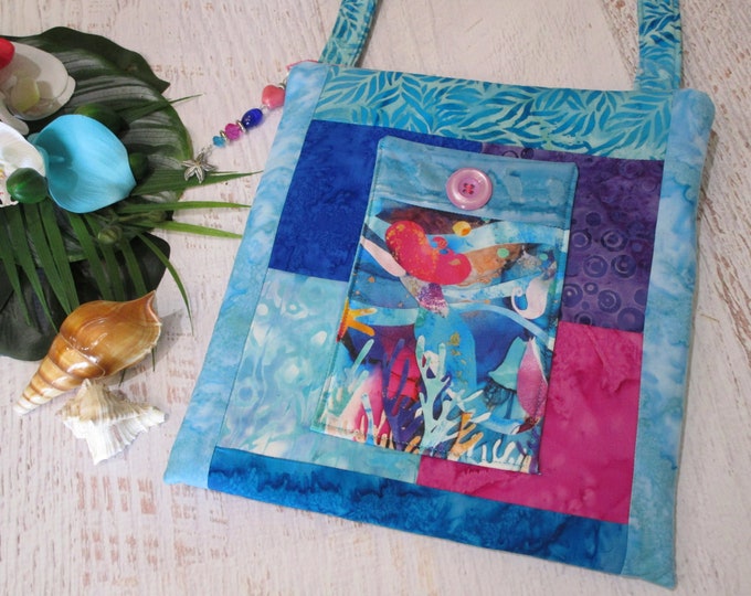 Beautiful MERMAID Batik Watercolor Shoulder Bag~ Tropical Mermaid Underwater Ocean Seahorse Coral Reef Purse~ Mermaid Lover iPad Bag