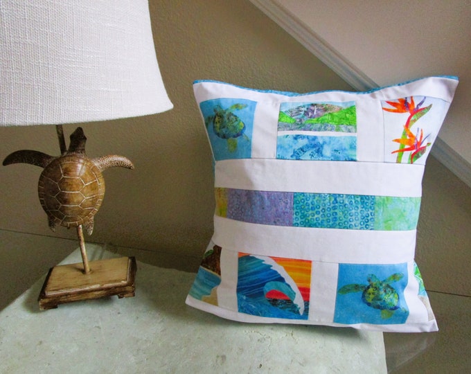 Modern Tropical Beach Quilted Pillow Cover Coastal Sea Life Humpback Whale Ocean Wave Turtle Bird of Paradise Flowers