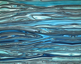 Liquified OCEAN Water Blue Green Fabric Panel Quilt Square FQ ~ Aqua Turquoise Wavy Ocean Water Fabric Square Panel Fat Quarter