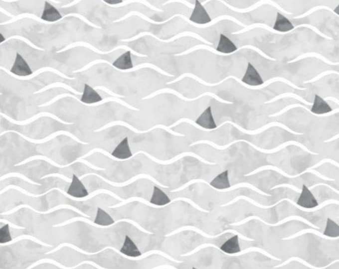 Coastal Gray Ocean Waves Shark Fins Fabric Fat Quarter~ Tropical Beach Ocean Water White Waves Fabric Quilt Panel