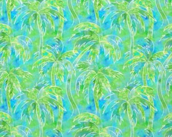 Palm Trees in WATERCOLOR Fabric By The Yard ~ Green Palm Trees Blue Sky Coastal Beach Ocean Fabric Quilt Square Panel BTY