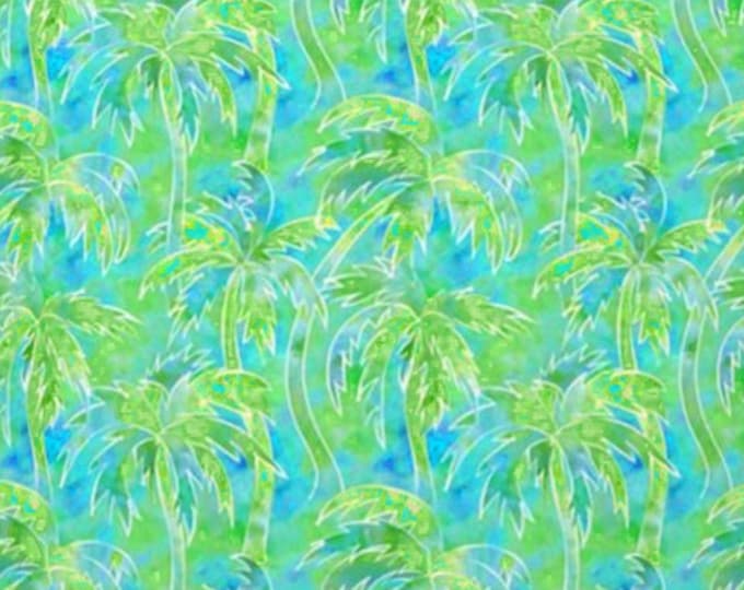 Palm Trees in WATERCOLOR Fabric Quilt Square Panel Fat Quarter~ Green Palm Trees Blue Sky Coastal Beach Ocean Fabric FQ