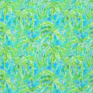 May include: A seamless pattern featuring a repeating design of white palm trees on a blue and green background. The palm trees are stylized and have a watercolor effect.