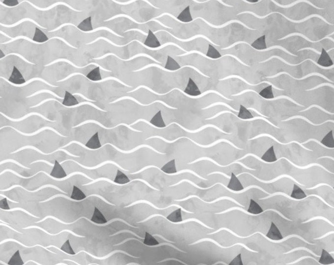 Coastal Gray Ocean Waves Shark Fins Fabric Fat Quarter~ Tropical Beach Ocean Water White Waves Fabric Quilt Panel