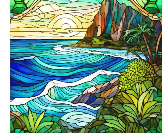 Stained Glass Beach Coastline Ocean Waves Mountain Palm Trees Sunrise Lush Greenery Watercolor Fabric Quilt Block Square