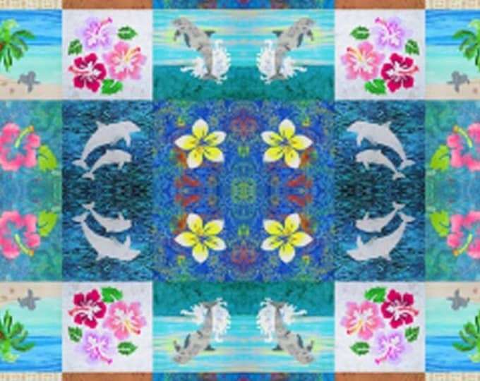 I SPY Tropical Beach Baby Girls Wholecloth Fabric Cheater Quilt Top~ Hawaiian Flowers Dolphins Outrigger Rainbow 5.5" Fabric Quilt Squares