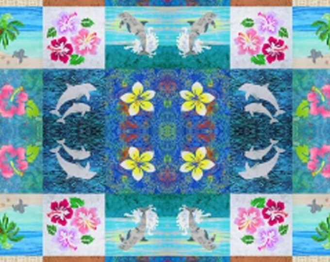 I SPY Tropical Beach Baby Girls Wholecloth Fabric Cheater Quilt Top~ Hawaiian I Spy Flowers Dolphins Outrigger Rainbow Fabric Quilt Top