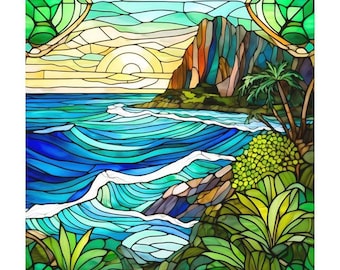 Coastal Fabric Stained Glass Quilt Block Quilting Cotton Beach Scene Ocean Waves Hawaii Watercolor Mountain Sunrise Tropical Island Panel