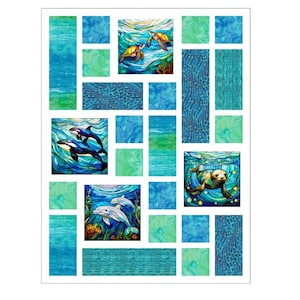 Stained Glass Beach Tiles Fabric & Pattern Kit: Sea Life ~ Wall or Baby Quilt (37x49")
