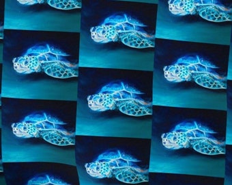 Coastal Sea Turtle Ocean Navy Blue Turquoise Aqua Under the Sea Fabric FQ~ Sea Turtle Beach Fabric Cotton Sateen or Poly Crepe de Chine