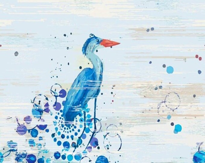 Watercolor Great Blue Heron Bird at Beach Fabric Quilt Panel Block~ Painted Coastal Crane in Water Printed Tropical Fabric Square