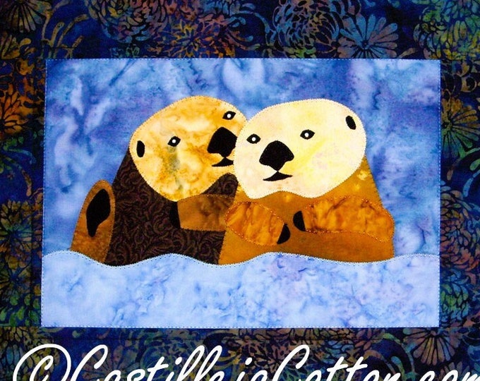 Adorable Sea Otters Quilt Pattern Digital .PDF Download~ Snuggling in Ocean Otter Love Fusible Applique Technique Quilt Pattern 18" x 14"