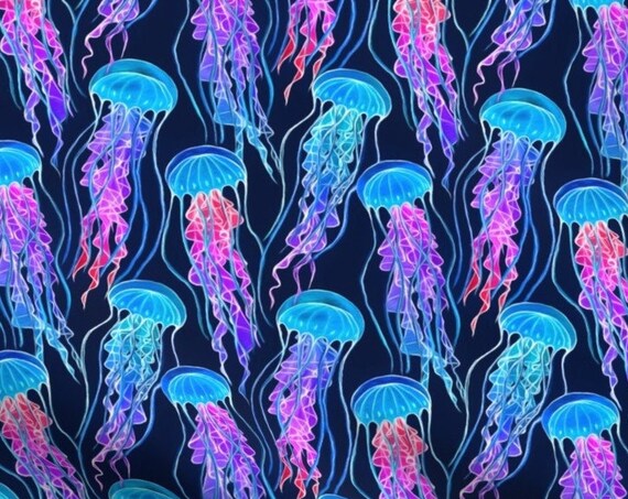 Coastal Seaside Jellyfish Rainbow Tropical Beach Fabric By The Yard~ Blue Purple Luminescent Jellyfish Fabric Quilt Square Panel BTY