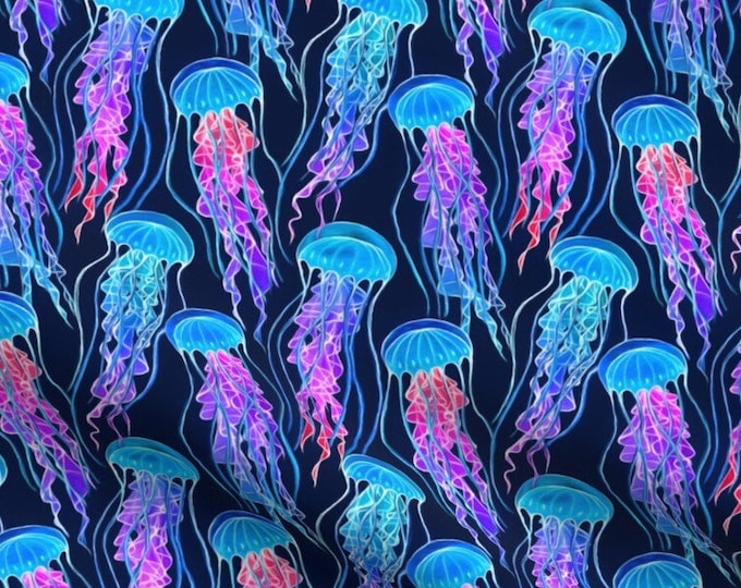 Rainbow Jellyfish Tropical Beach Fabric Fat Quarter~ Coastal Seaside Blue Purple Luminescent Jellyfish Fabric FQ Panel