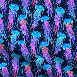 Blue Purple Luminescent Rainbow Jellyfish Coastal Seaside Tropical Beach Fabric Fat Quarter Panel