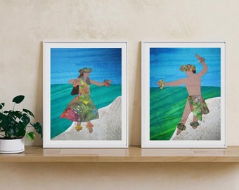 Hawaiian Hula Dancer Male and Female 8x10 Wall Art Print Photo Set~ Hula Dancers Dancing Beach Ocean Luau Metallic or Metallic Linen