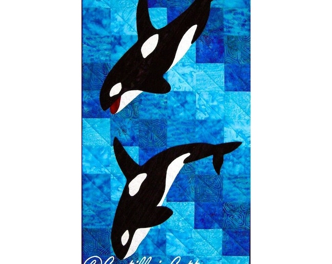 Orca Whales Quilt Pattern Swimming Ocean Digital .PDF Download~ Dive Deep Orca Whales Quilt Pattern Pieced Fusible Applique 15.5" x 30.5"