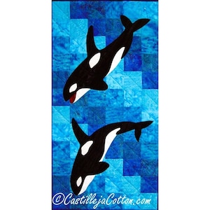 Orca Whales Quilt Pattern Swimming Ocean Digital .PDF Download~ Dive Deep Orca Whales Quilt Pattern Pieced Fusible Applique 15.5&quot; x 30.5&quot;