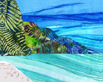 NA PALI COAST Cool Watercolors Organic Cotton Batik Fabric Quilt Square Panel Block- Tropical Kauai Hawaii
