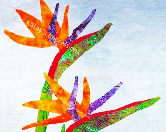 Tropical Bird of Paradise Flowers Fabric Quilt Block Hawaii Orange Green White Coastal Panel