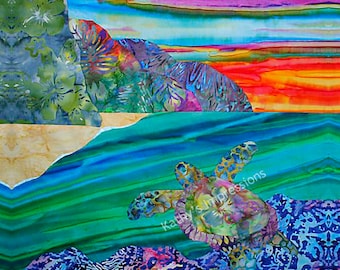 Hawaiian Beach Sunset Sea Turtle Coastal Fabric Panel Quilt Block Square Na Pali Coast Kauai