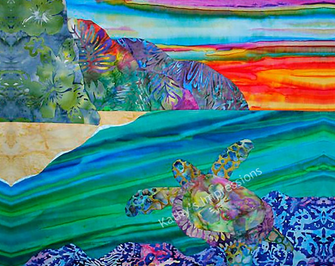 Hawaiian Beach Fabric, Sea Turtle Fabric, Under the Sea Fabric, Hawaiian Fabric, Beach Sunset Fabric, Coastal Fabric, Quilt Panel