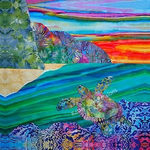 May include: A colorful, abstract painting of a sea turtle swimming in the ocean. The turtle is made of fabric and has a green, blue, and gold pattern. The ocean is a vibrant blue and green, with a sandy beach in the background. The sky is a mix of pink, purple, and orange.