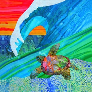 Sea Turtle Fabric Panel Quilt Square Ocean Wave Coastal Surf Beach Hawaiian Honu