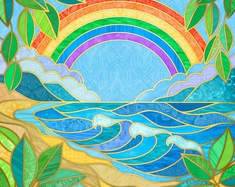 Rainbow Over Beach Paradise Sunrise Stained Glass Window Tropical Fabric Panel Quilt Square Block Hawaii