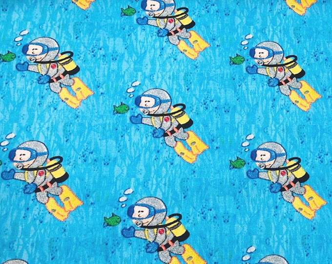 Scuba Diver Boy Fabric FQ Blue Ocean Water Bubbles Sea Grass Green Tropical Fish ~ Kids Scuba Diver Fabric Fat Quarter