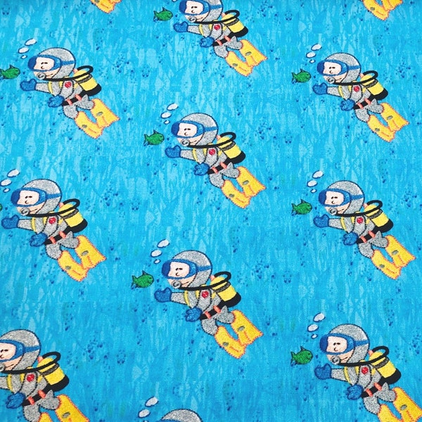 Scuba Diver Boy Fabric FQ Blue Ocean Water Bubbles Sea Grass Green Tropical Fish ~ Kids Scuba Diver Fabric Fat Quarter