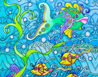 Fantasy FISH Ocean Fabric Quilt Panel Tropical Under The Sea Girls Water Bubbles Whimsical Waves Blue Green Yellow