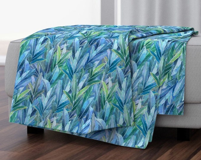 Luxurious Blue Green Tropical Leaves Soft Velvet Throw Blanket ~ Hawaiian Garden Blue Green Ginger Leaves Adult Throw Blanket