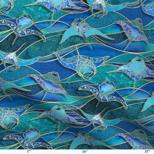 Stained Glass Aqua Turquoise MANTA RAYS Ocean Blue Watercolors Fabric Panel Coastal Beach FQ