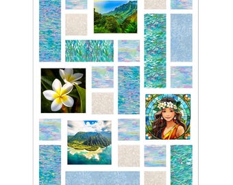 Island of Kauai Beach Tiles Kit Tropical Wall Hanging or Baby Quilt 37" x 49"~ Na Pali Coast Plumeria Flowers Hula Dancer~ Fabric, Pattern