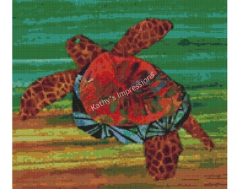 Cross Stitch Pattern Honu SEA TURTLE Brown Green Warm Colors Swimming in Ocean~ Digital PDF Instant File to Download and Print