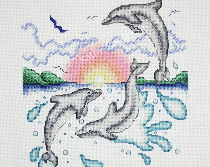 SALE Three Dolphins Playing at Sunrise Fabric Quilt Square Panel Jumping Water Splashing Sunset Birds Flying~ Looks like Cross Stitch