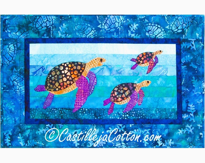 Sea Turtle Quilt Pattern Swimming Ocean Digital .PDF Download~ Turtles Flipping the Waves Pieced Fusible Applique Quilt Pattern 21" x 14"