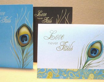 Love Never Fails Peacock Feather Note Card Christian Correspondence Affection I'm sorry Valentine's Day Anniversary Wedding Gift Set