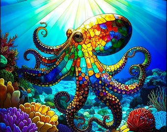 RESERVED for Kris~ Stained Glass Octopus Under the Sea Fabric Quilt Block Beach Coastal Panel