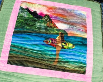 Surfer Girl Beach Babe Pink Watercolor Sunset Minky Baby Quilt Girls Adult Lap Blanket
