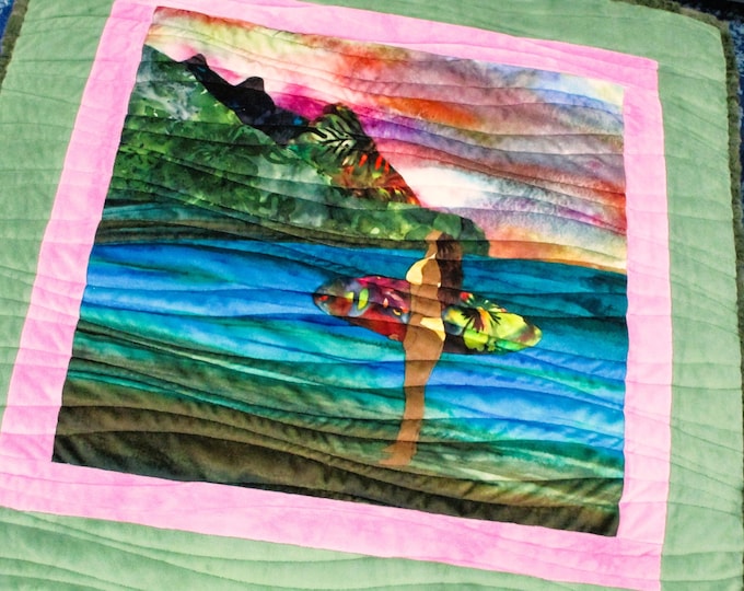 Surfer Girl Beach Babe Pink Watercolor Sunset Minky Baby Quilt Girls Adult Lap Blanket