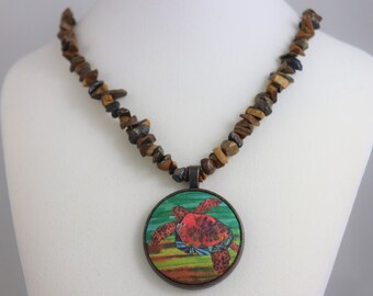 Sea Turtle Brown Pendant Necklace Tropical Beach Hawaii - Tropical Artisan Necklace Gemstone Chips Beaded