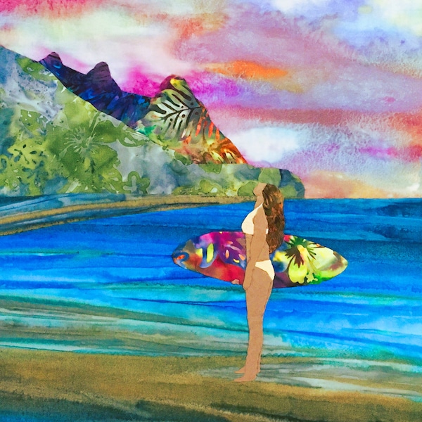 Surfer Girl Fabric Quilt Square Pink Purple Sunset Evening Watercolor Sky Tropical Hawaiian Batik Panel Block