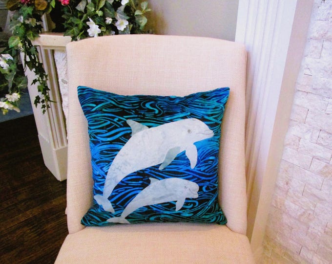 Dolphins Swimming Ocean Velvet Pillow Cover~ Under the Sea Dolphins Coastal Beach Reversible Tropical Pillow~ Fits 18" Insert